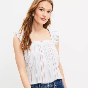 Preowned Loft Size M Petite Shimmer Striped Ruffle Square Neck Top